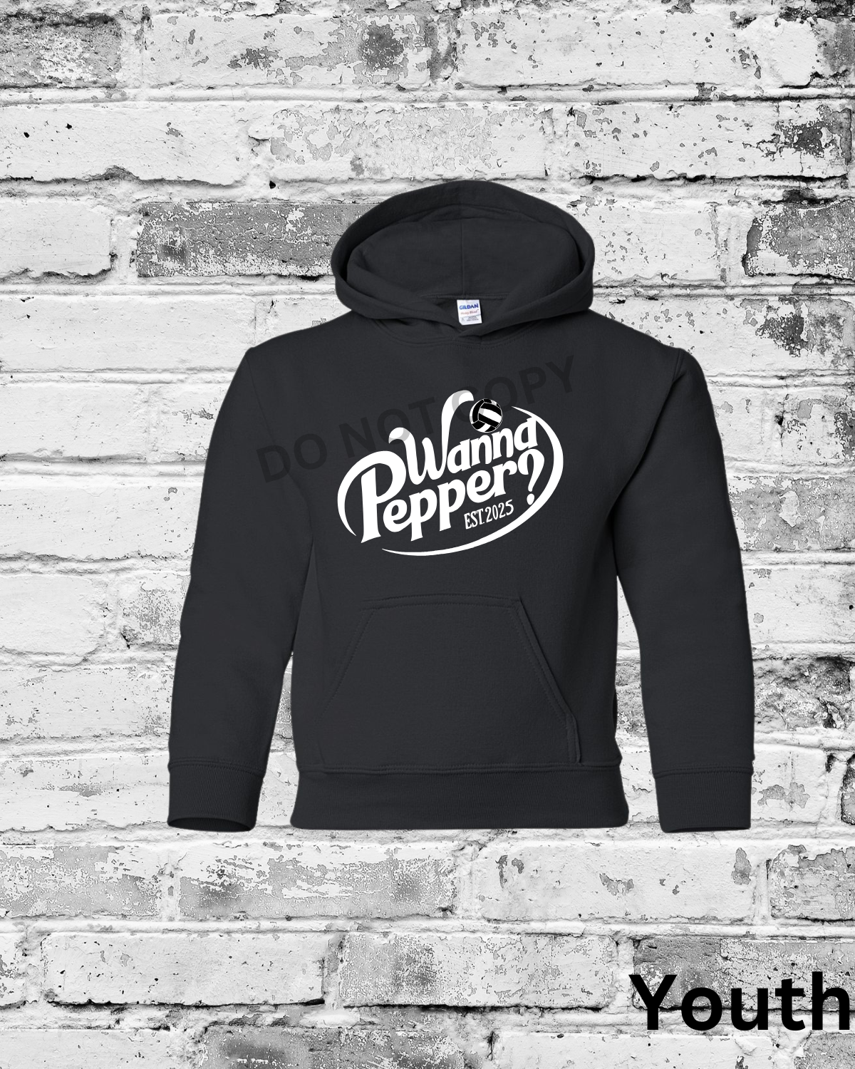 Youth Black Hoodie w/White Wanna Pepper