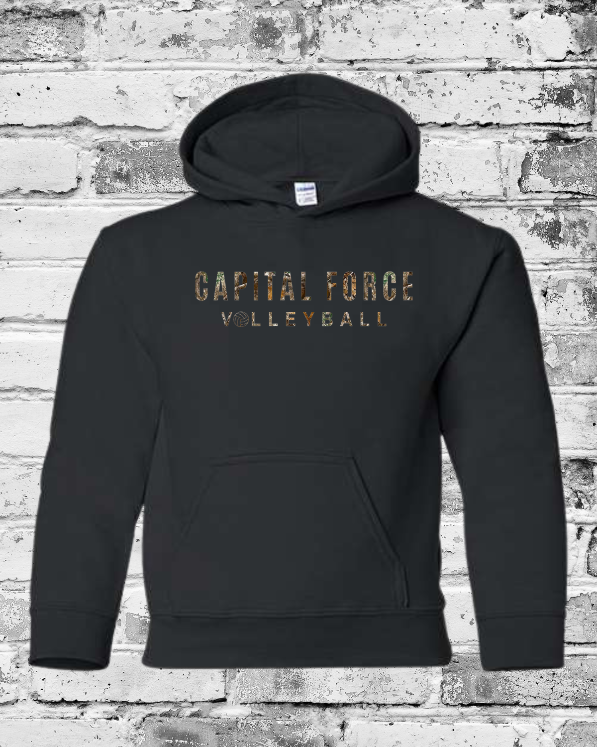 Youth Black Hoodie w/Camo Capital Force