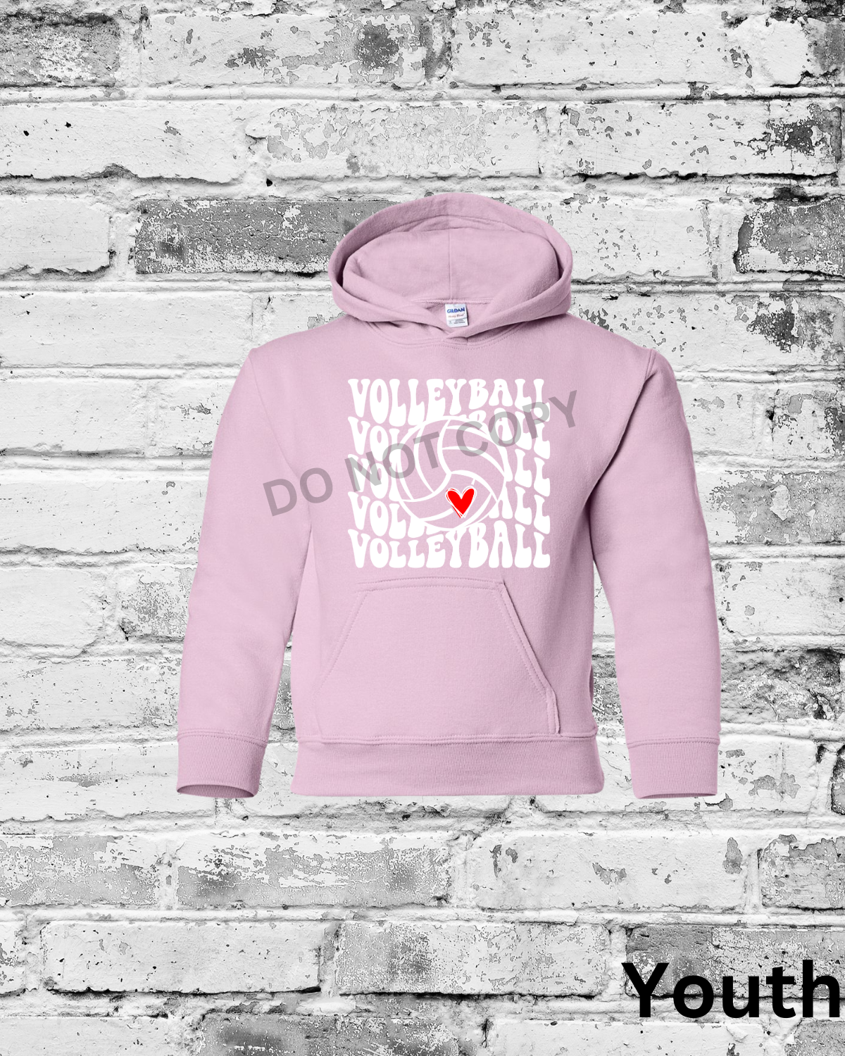 Youth Light Pink Hoodie w/White Wave Volleyball