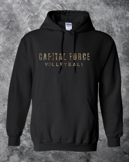 Adult Black Hoodie w/ Camo Capital Force