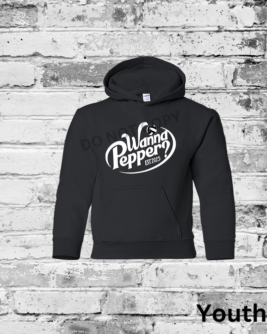 Youth Black Hoodie w/White Wanna Pepper