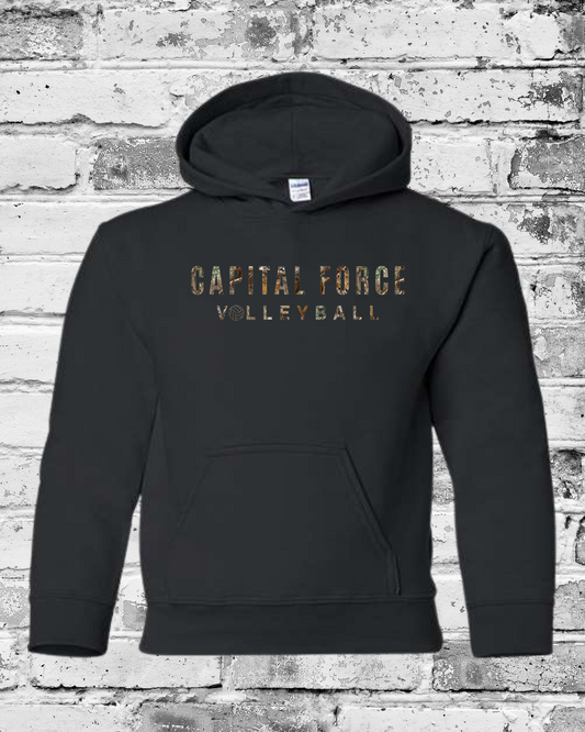 Youth Black Hoodie w/Camo Capital Force